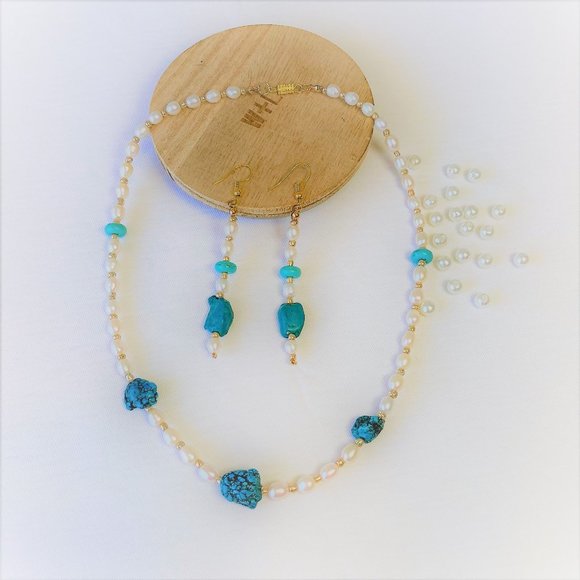 Pearl and turquoise necklace and matching earrings - Picture 1 of 4